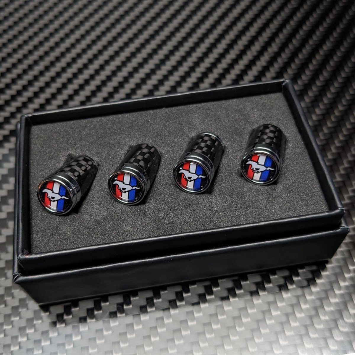 Carbon Fibre Tire Valve Stem Caps Compatible with Mustang, GT, Pony, Tri - Bar, Gift Box Included, Wheel, tyre Accessories - Pro Spec Imports -