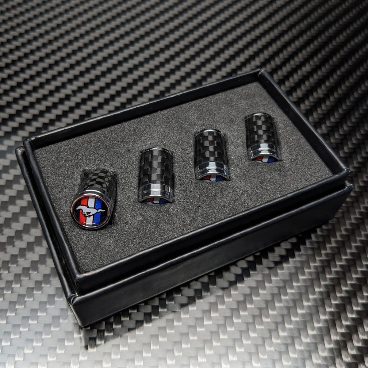 Carbon Fibre Tire Valve Stem Caps Compatible with Mustang, GT, Pony, Tri - Bar, Gift Box Included, Wheel, tyre Accessories - Pro Spec Imports -