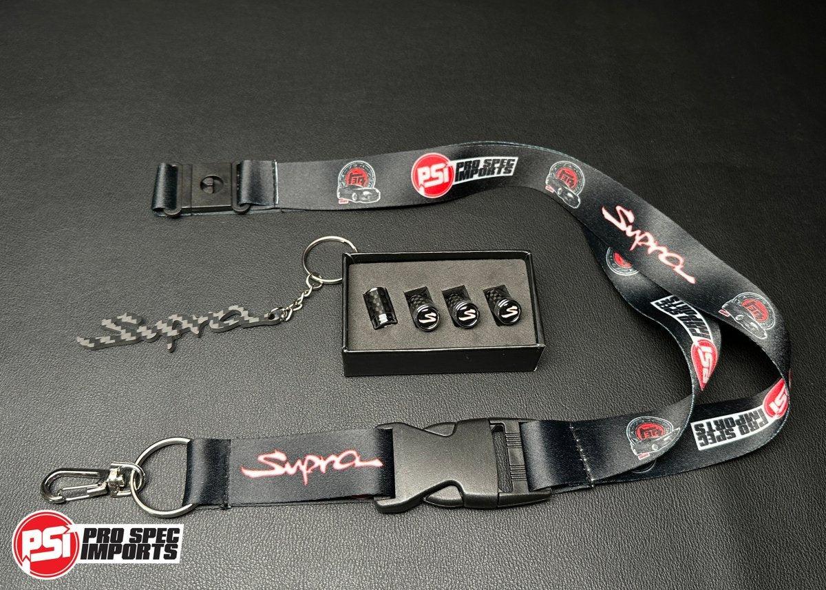 Carbon Fibre Supra 'S' Valve Caps 3pc Combo with Carbon Fibre Supra Keychain, Supra Lanyard - for Toyota Supra JZA80 (Mk4), A70 (Mk3), A90 (Mk5), A91 - Pro Spec Imports -
