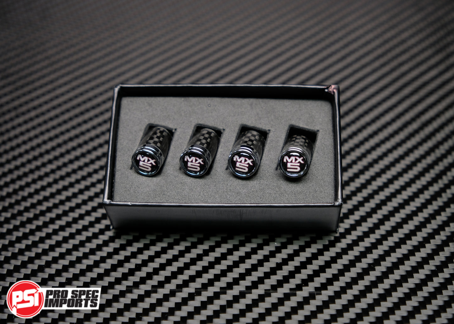 Carbon Fiber MX5 Logo Valve Caps For Mazda MX5, Miata, NA NB NC ND | Eunos Roadster Tire Valve Stem Caps (Set of 4)