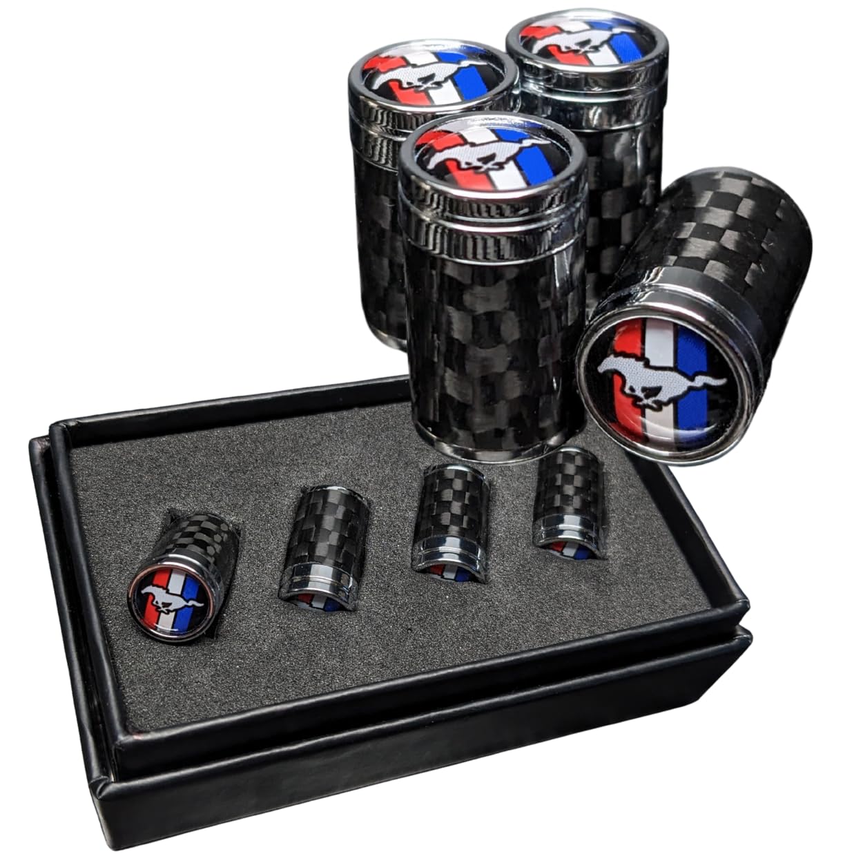 Carbon Fibre Tire Valve Stem Caps Compatible with Mustang, GT, Pony, Tri-Bar, Gift Box Included, Wheel, tyre Accessories