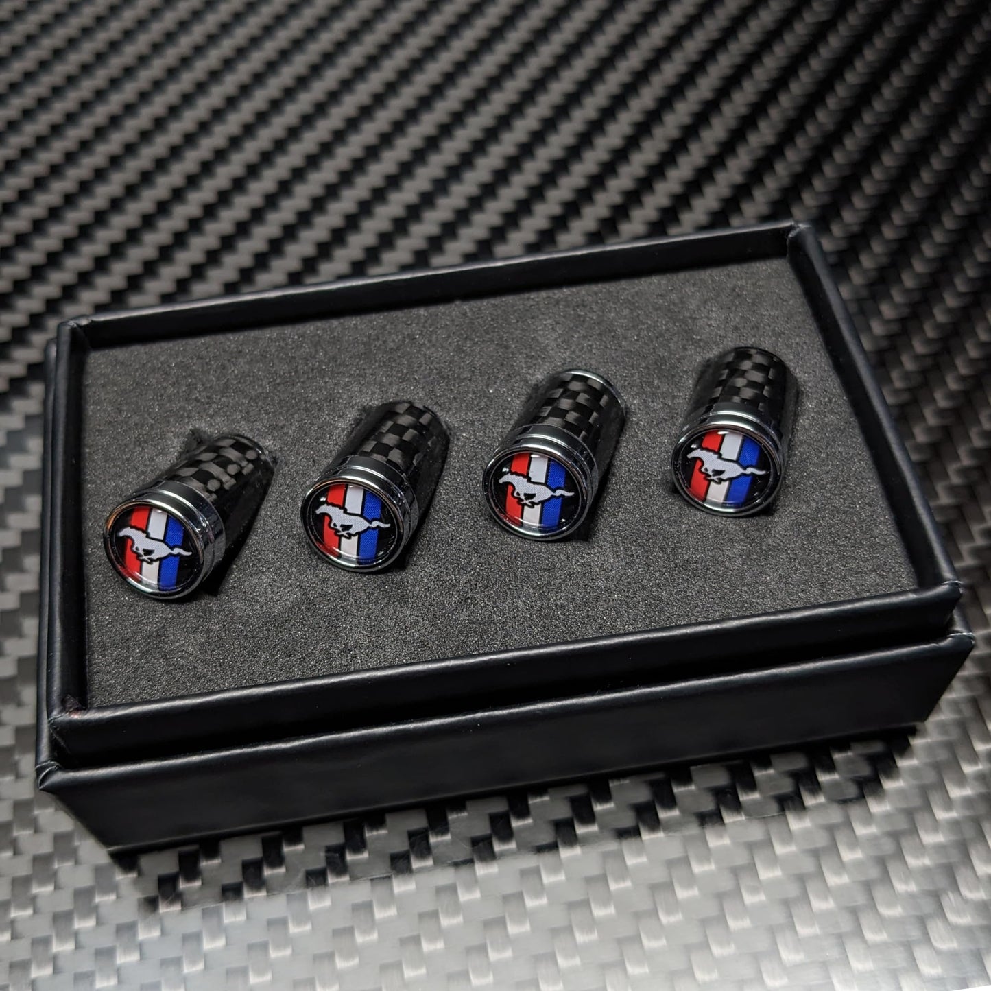 Carbon Fibre Tire Valve Stem Caps Compatible with Mustang, GT, Pony, Tri-Bar, Gift Box Included, Wheel, tyre Accessories