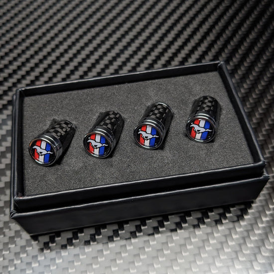 Carbon Fibre Tire Valve Stem Caps Compatible with Mustang, GT, Pony, Tri-Bar, Gift Box Included, Wheel, tyre Accessories