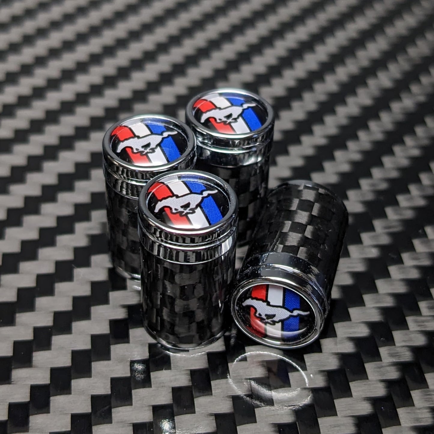 Carbon Fibre Tire Valve Stem Caps Compatible with Mustang, GT, Pony, Tri-Bar, Gift Box Included, Wheel, tyre Accessories
