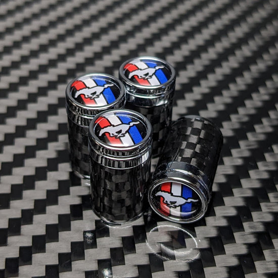 Carbon Fibre Tire Valve Stem Caps Compatible with Mustang, GT, Pony, Tri-Bar, Gift Box Included, Wheel, tyre Accessories