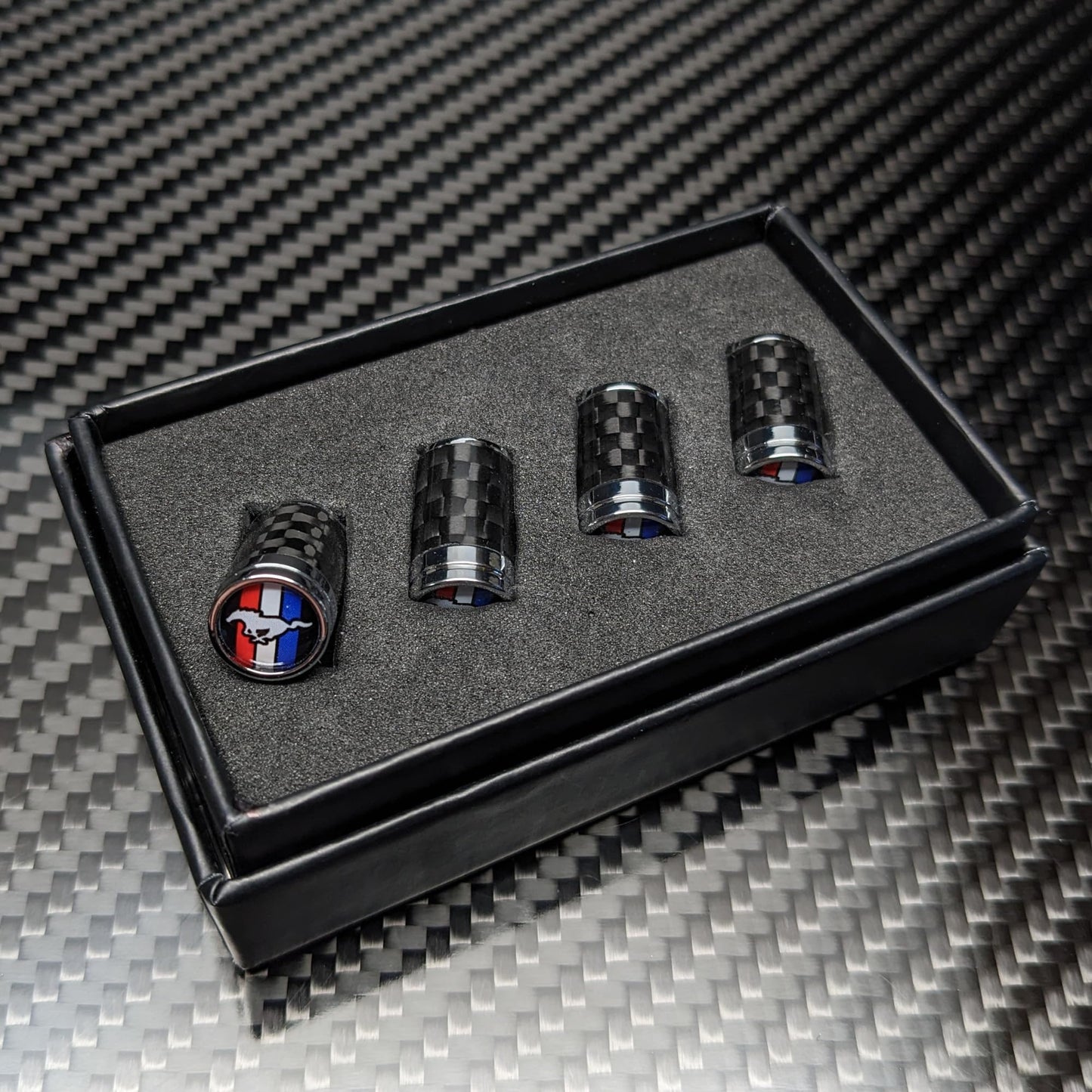 Carbon Fibre Tire Valve Stem Caps Compatible with Mustang, GT, Pony, Tri-Bar, Gift Box Included, Wheel, tyre Accessories