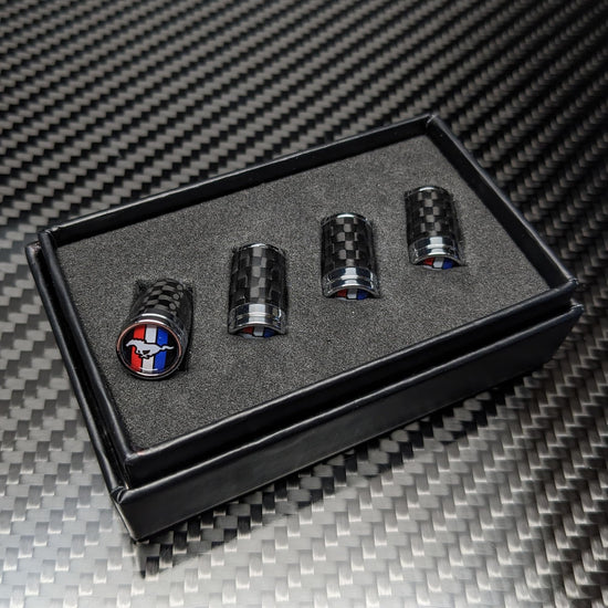 Carbon Fibre Tire Valve Stem Caps Compatible with Mustang, GT, Pony, Tri-Bar, Gift Box Included, Wheel, tyre Accessories