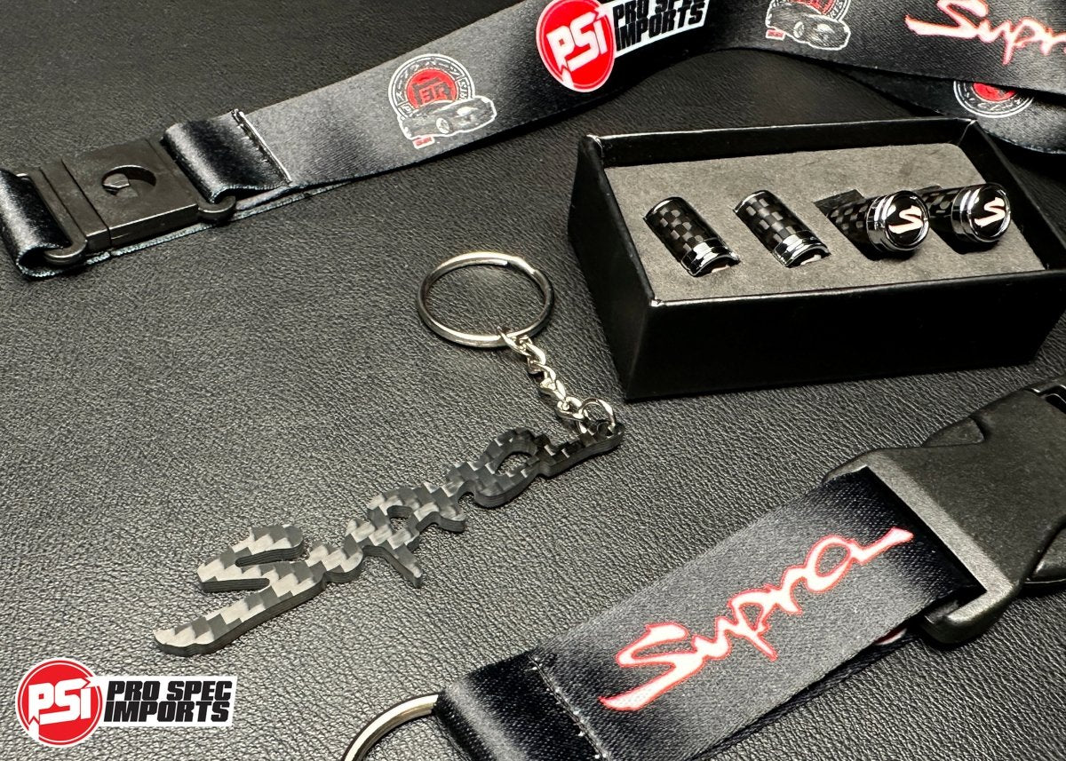 Carbon Fibre Supra 'S' Valve Caps 3pc Combo with Carbon Fibre Supra Keychain, Supra Lanyard - for Toyota Supra JZA80 (Mk4), A70 (Mk3), A90 (Mk5), A91 - Pro Spec Imports - 