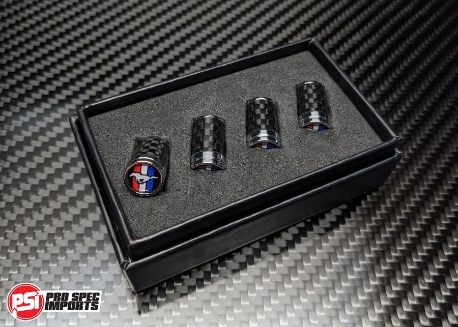 Carbon Fibre Tire Valve Stem Caps Compatible with Mustang, GT, Pony, Tri-Bar, Gift Box Included, Wheel, tyre Accessories