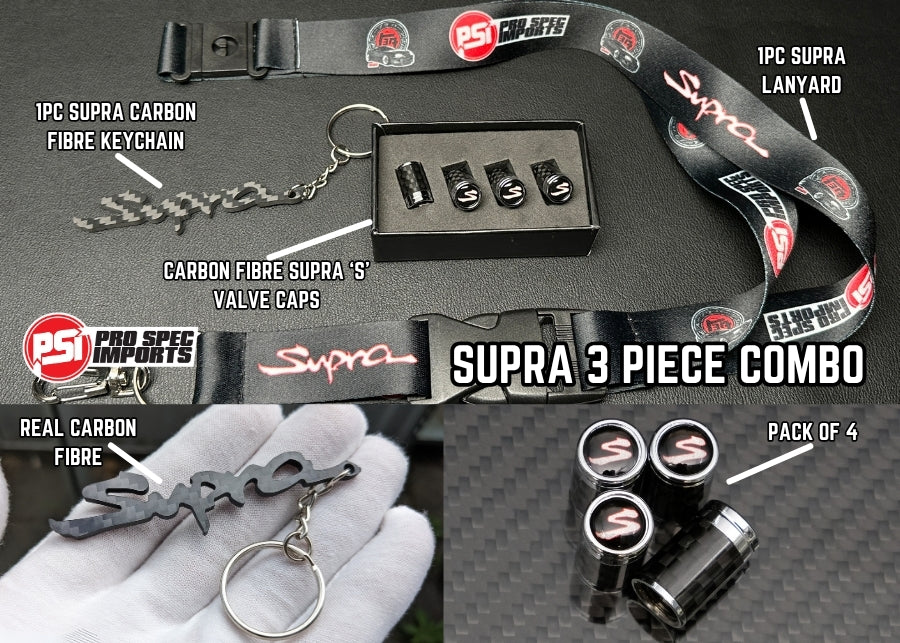 Carbon Fibre Supra 'S' Valve Caps 3pc Combo with Carbon Fibre Supra Keychain, Supra Lanyard - for Toyota Supra JZA80 (Mk4), A70 (Mk3), A90 (Mk5), A91
