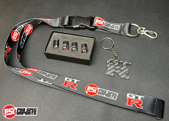 Carbon 3pc GTR COMBO! Carbon fibre GTR valve caps, Carbon fibre GTR keychain, GTR lanyard - For GT-R Skyline, R35, R34, R33, R32