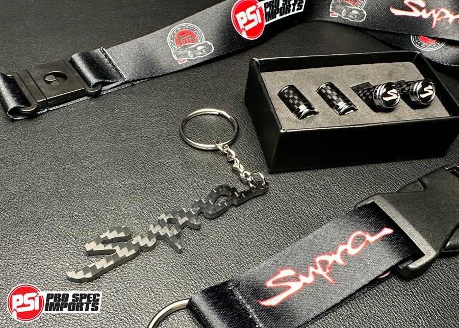 Carbon Fibre Supra 'S' Valve Caps 3pc Combo with Carbon Fibre Supra Keychain, Supra Lanyard - for Toyota Supra JZA80 (Mk4), A70 (Mk3), A90 (Mk5), A91 - Pro Spec Imports - 