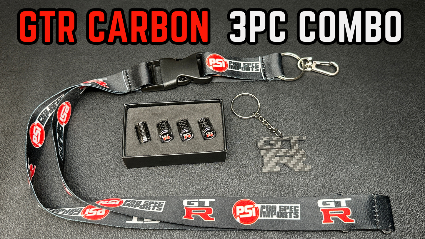 Carbon 3pc GTR COMBO! Carbon fibre GTR valve caps, Carbon fibre GTR keychain, GTR lanyard - For GT-R Skyline, R35, R34, R33, R32