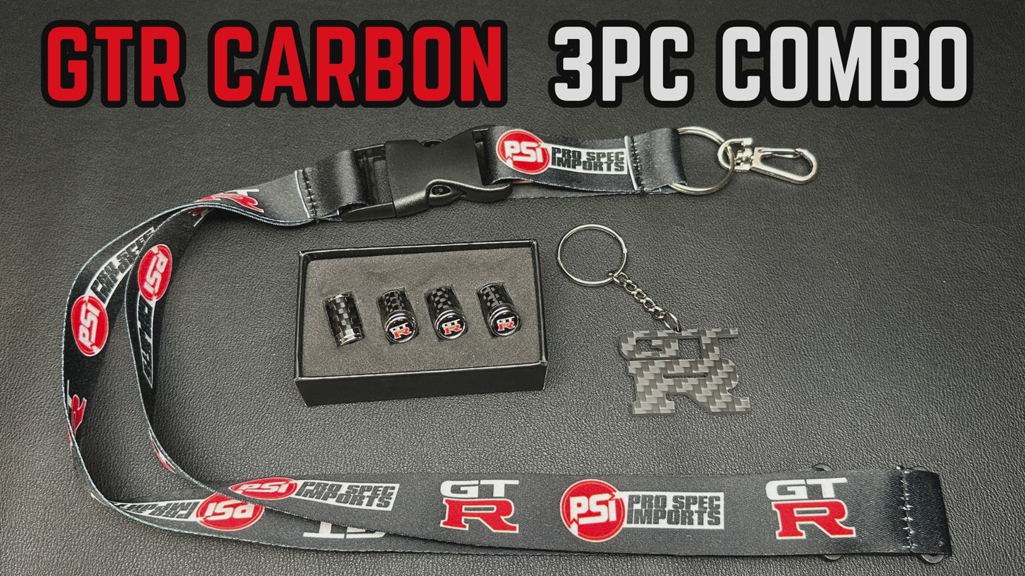 Load and play video in Gallery viewer, Carbon 3pc GTR COMBO! Carbon fibre GTR valve caps, Carbon fibre GTR keychain, GTR lanyard - For GT-R Skyline, R35, R34, R33, R32
