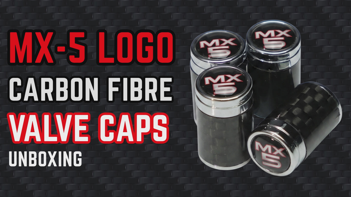 Load and play video in Gallery viewer, Carbon Fiber MX5 Logo Valve Caps For Mazda MX5, Miata, NA NB NC ND | Eunos Roadster Tire Valve Stem Caps (Set of 4)

