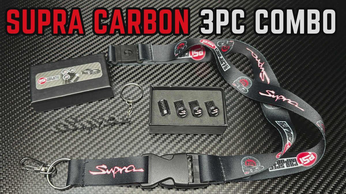 Carbon Fibre Supra 'S' Valve Caps 3pc Combo with Carbon Fibre Supra Keychain, Supra Lanyard - for Toyota Supra JZA80 (Mk4), A70 (Mk3), A90 (Mk5), A91