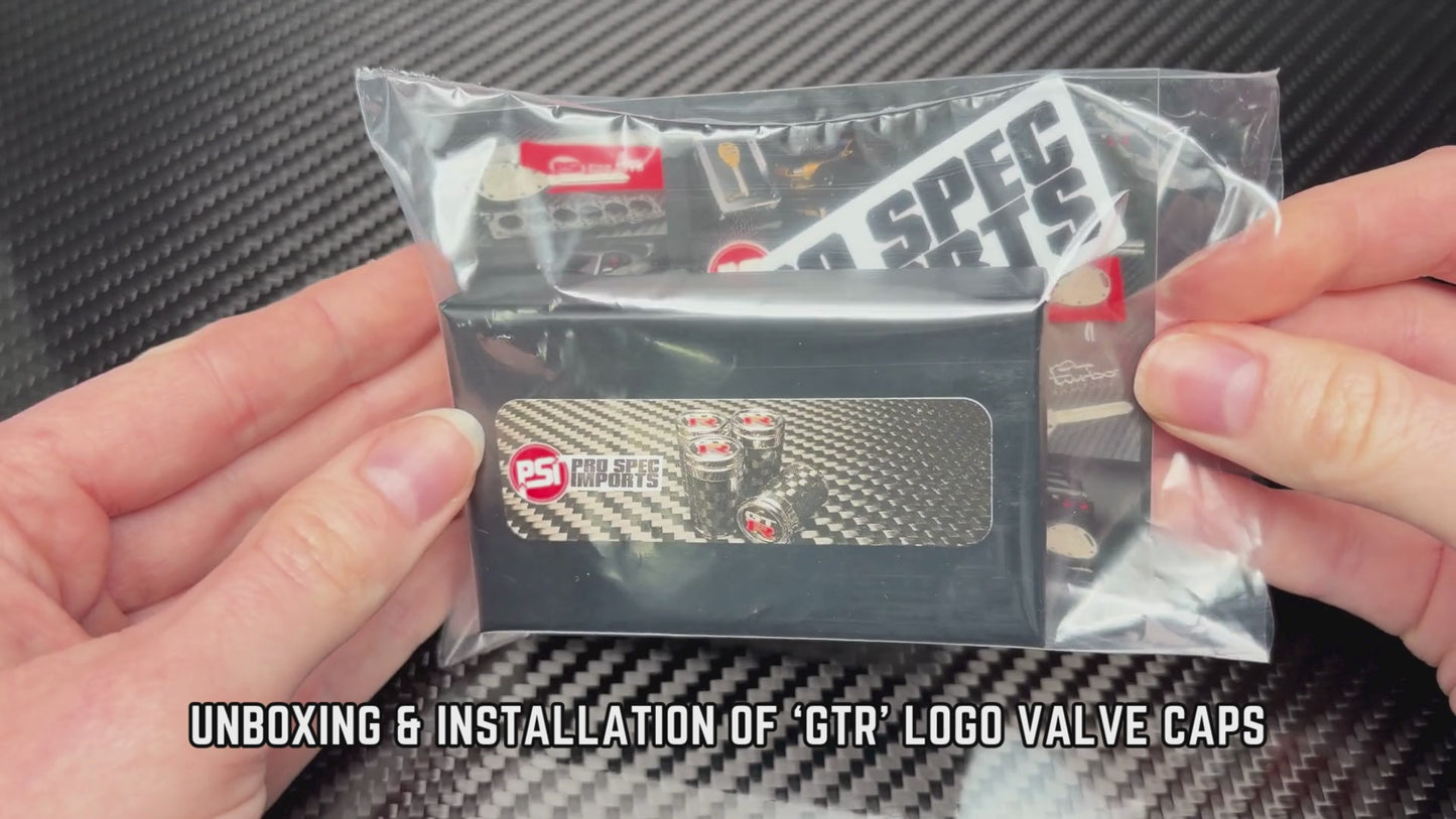 Load and play video in Gallery viewer, Carbon Fibre &amp;#39;GTR&amp;#39; Valve Caps for GT-R R35, R34, R33, R32 Skyline
