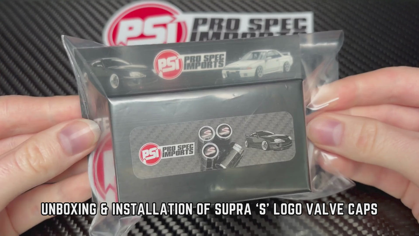 Load and play video in Gallery viewer, Carbon Fibre Supra &amp;#39;S&amp;#39; Valve Caps, A80 (MK4), A90 (MK5), A70 (MK3)
