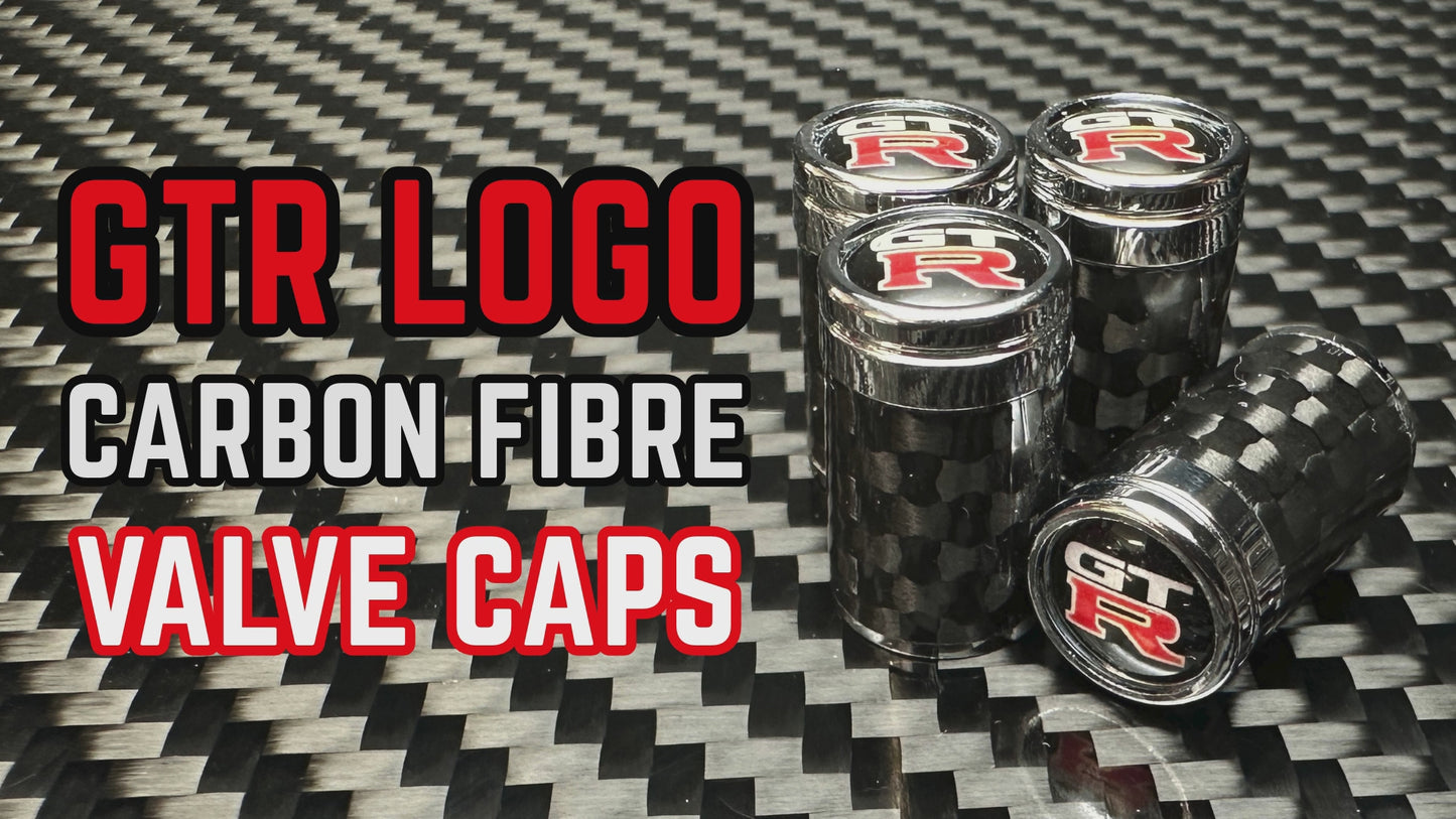 Load and play video in Gallery viewer, Carbon Fibre &amp;#39;GTR&amp;#39; Valve Caps for GT-R R35, R34, R33, R32 Skyline
