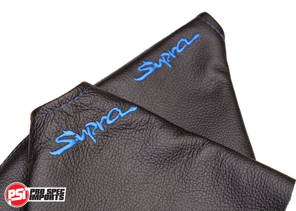 Mk4 Supra Interior Leather Boot Sets - Pro Spec Imports - Blue Stitch - Supra Logo - Shifter Boot Only - 