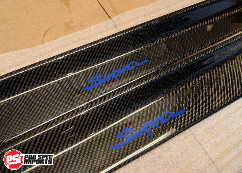 Toyota Supra A80 Mk4 Carbon Fibre Door Sills / Kick Panel Set - Pro Spec Imports - Blue Decal Logo - 
