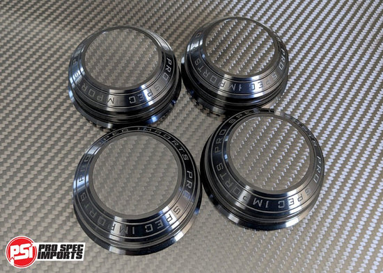 Carbon Fibre Inlay Billet CNC Centre Caps to suit Work Meister S1 3P wheels - Supra Mk4 A80 Specific 60.1mm Toyota Hubring - Pro Spec Imports - Clear Anodised Machined Silver - Carbon Inlay - 18" - S1 3P Meisters -