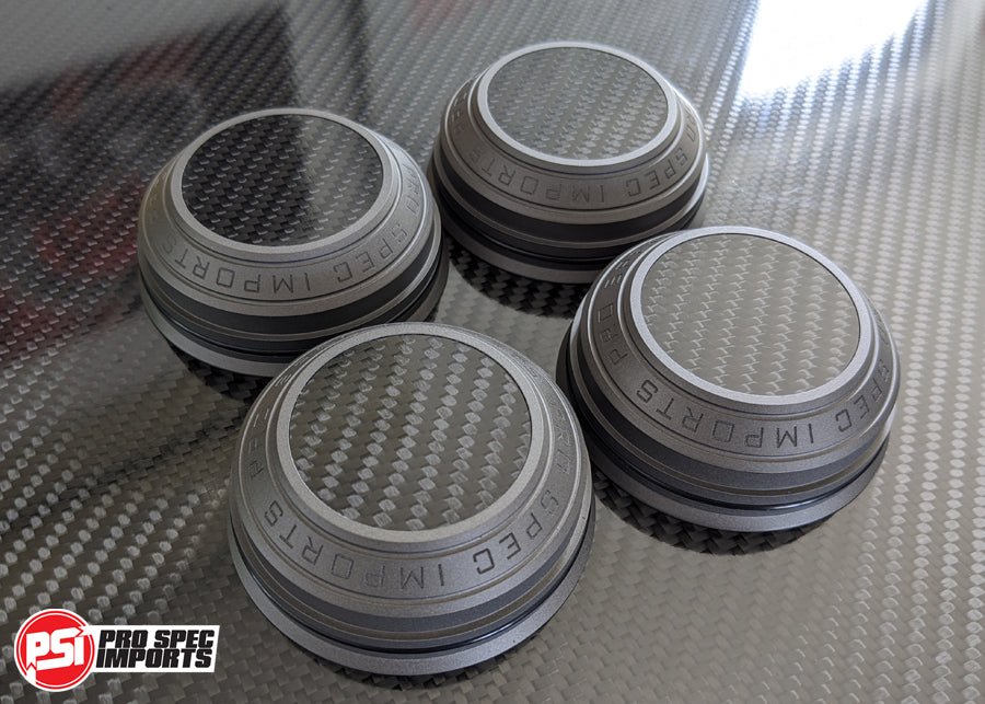 Carbon Fibre Inlay Billet CNC Centre Caps to suit Work Meister S1 3P wheels - Supra Mk4 A80 Specific 60.1mm Toyota Hubring - Pro Spec Imports - 2K Paint Gunmetal - Carbon Inlay - 18" - S1 3P Meisters -