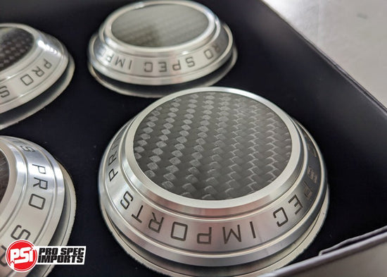 Carbon Fibre Inlay Billet CNC Centre Caps to suit Work Meister S1 3P wheels - Supra Mk4 A80 Specific 60.1mm Toyota Hubring - Pro Spec Imports - Black Anodised - Carbon Inlay - 18" - S1 3P Meisters -